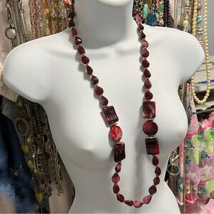 Chunky Red Beaded Necklace Geometric Mix Oval Square Rectangular Beads Ling Bold